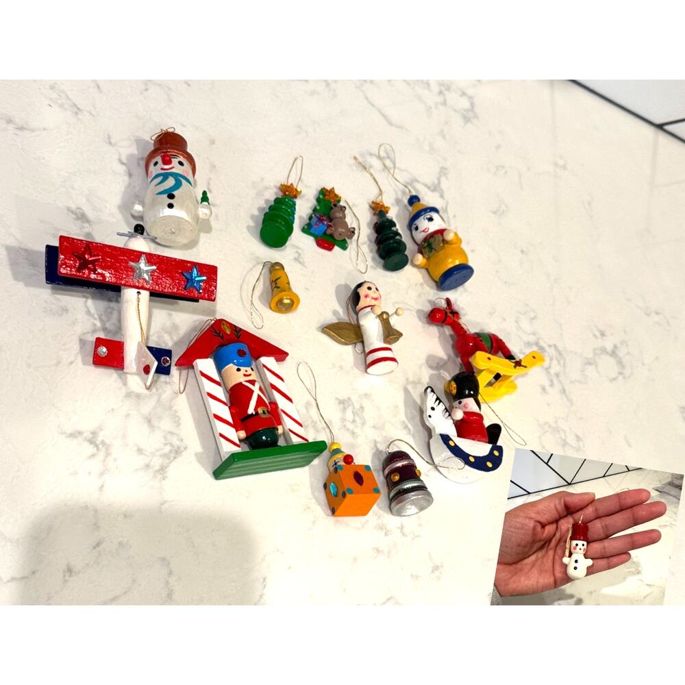 Vintage hand crafted painted folklore wooden mini Christmas ornaments x14